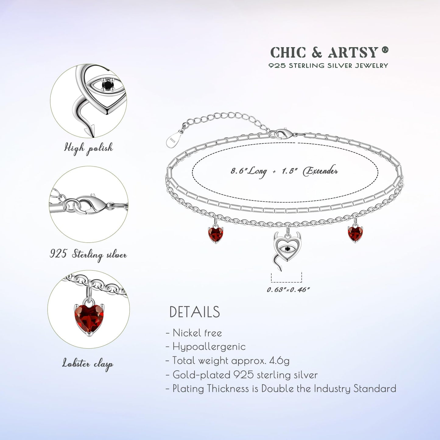 925 Sterling Silver Devil Anklet Heart Red Zirconia Cute Women's Anklet Bracelets