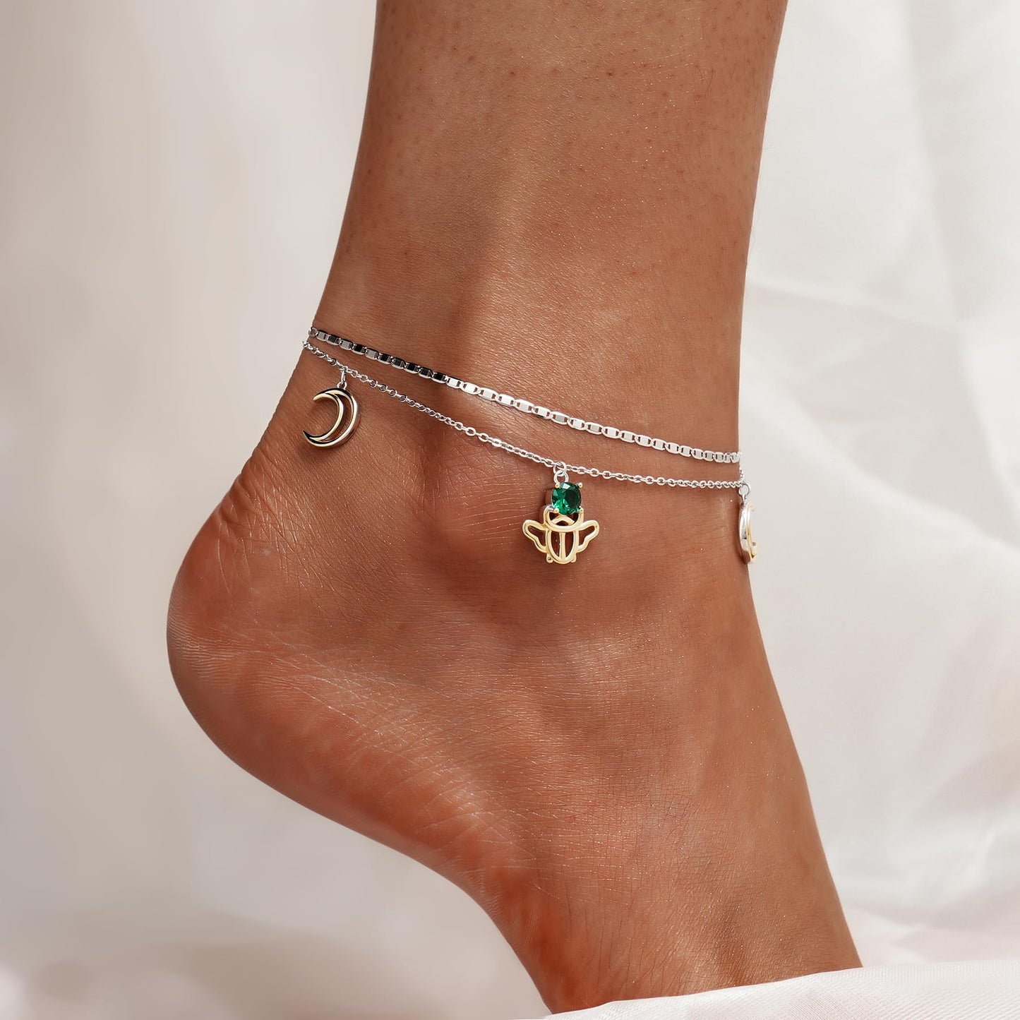 925 Sterling Silver Layered Ankle Bracelet Adjustable Lightweight Ladybug with Moon Charm Foot Chain for Women