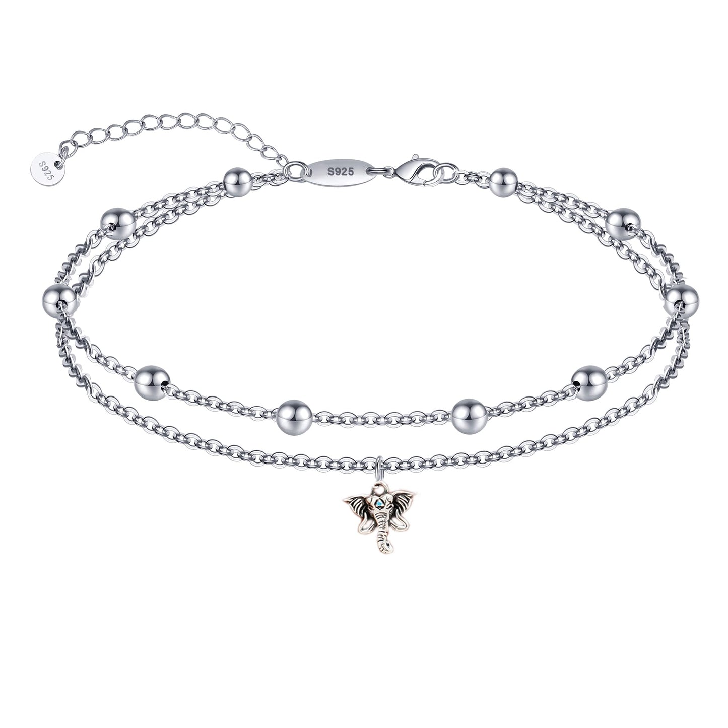 925 Sterling Silver Elephant Layered Anklet Bracelets Adjustable Summer Beach Foot Chains Jewelry for Women