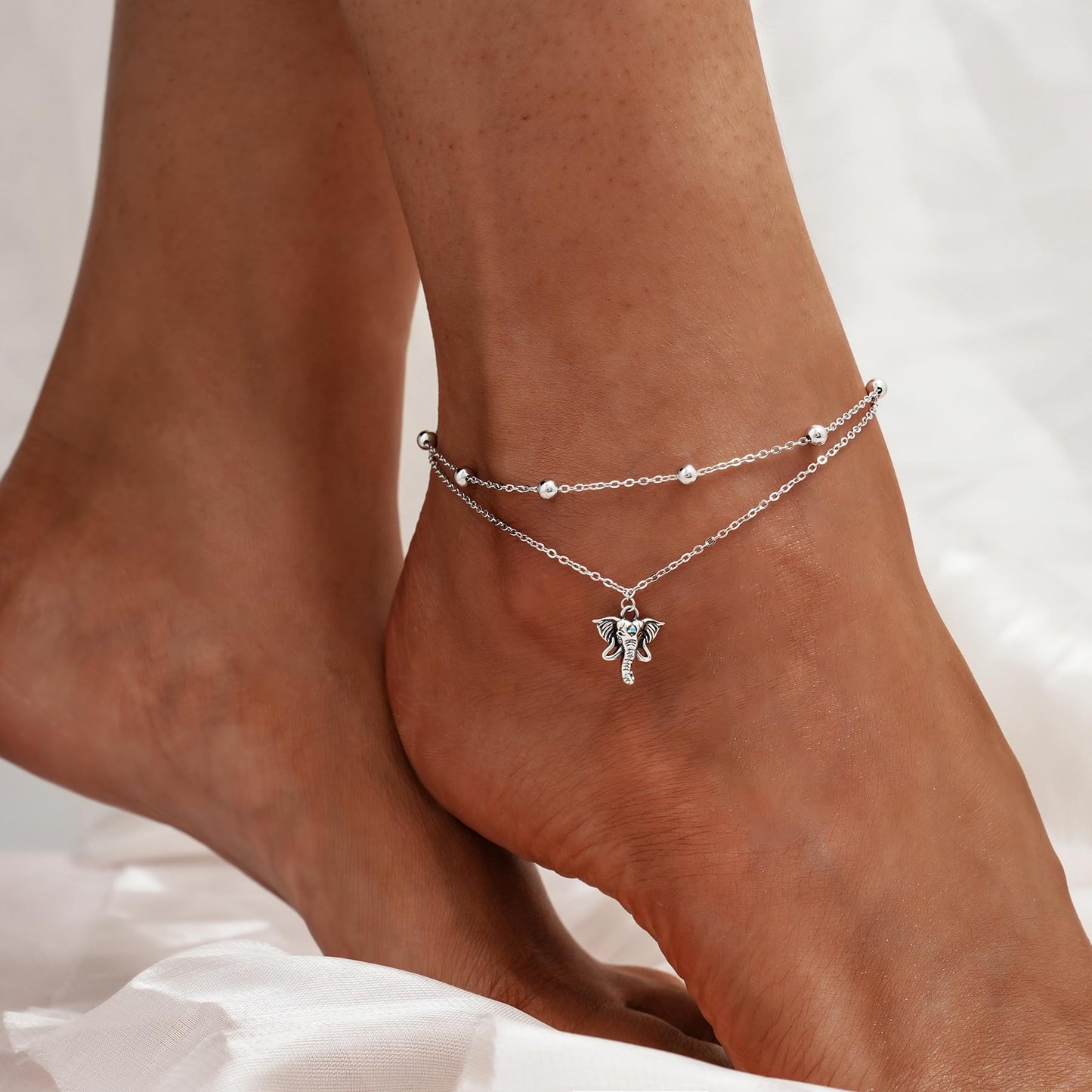 925 Sterling Silver Elephant Layered Anklet Bracelets Adjustable Summer Beach Foot Chains Jewelry for Women