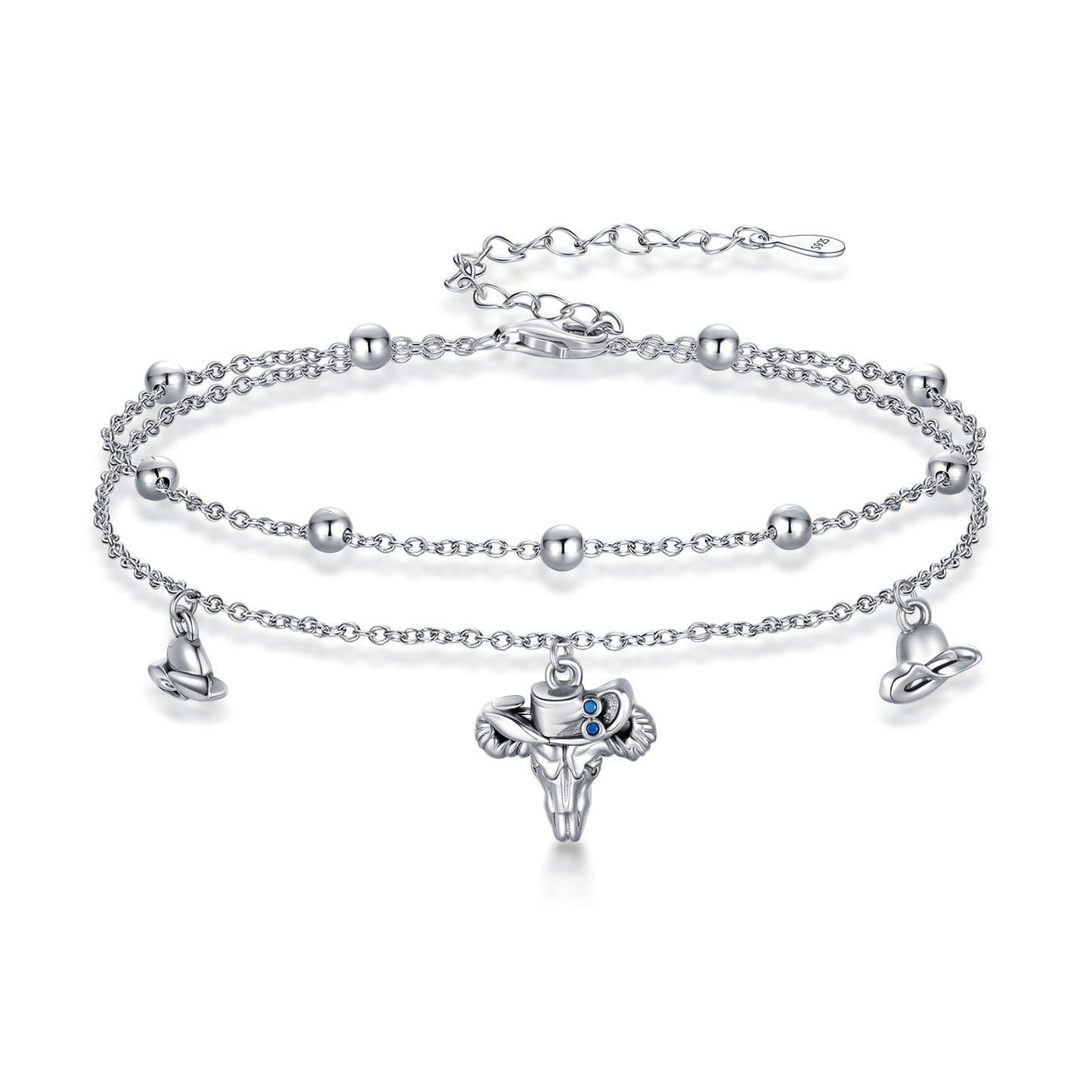 925 Sterling Silver Double Layer Chain with Bull Head & Cowboy Hat Charms Lightweight Foot Chain for Women