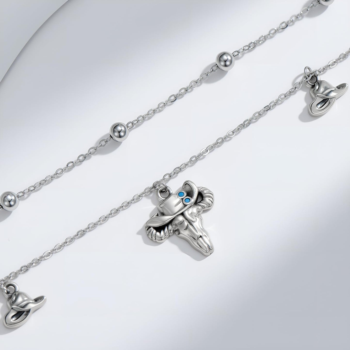 925 Sterling Silver Double Layer Chain with Bull Head & Cowboy Hat Charms Lightweight Foot Chain for Women