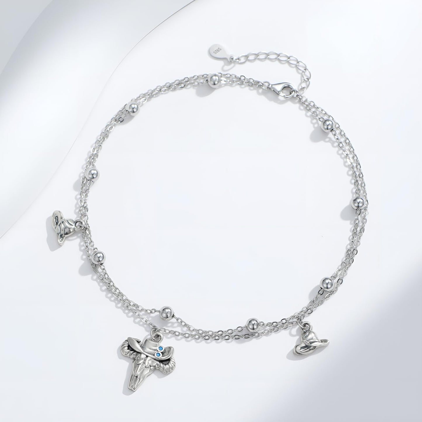 925 Sterling Silver Double Layer Chain with Bull Head & Cowboy Hat Charms Lightweight Foot Chain for Women