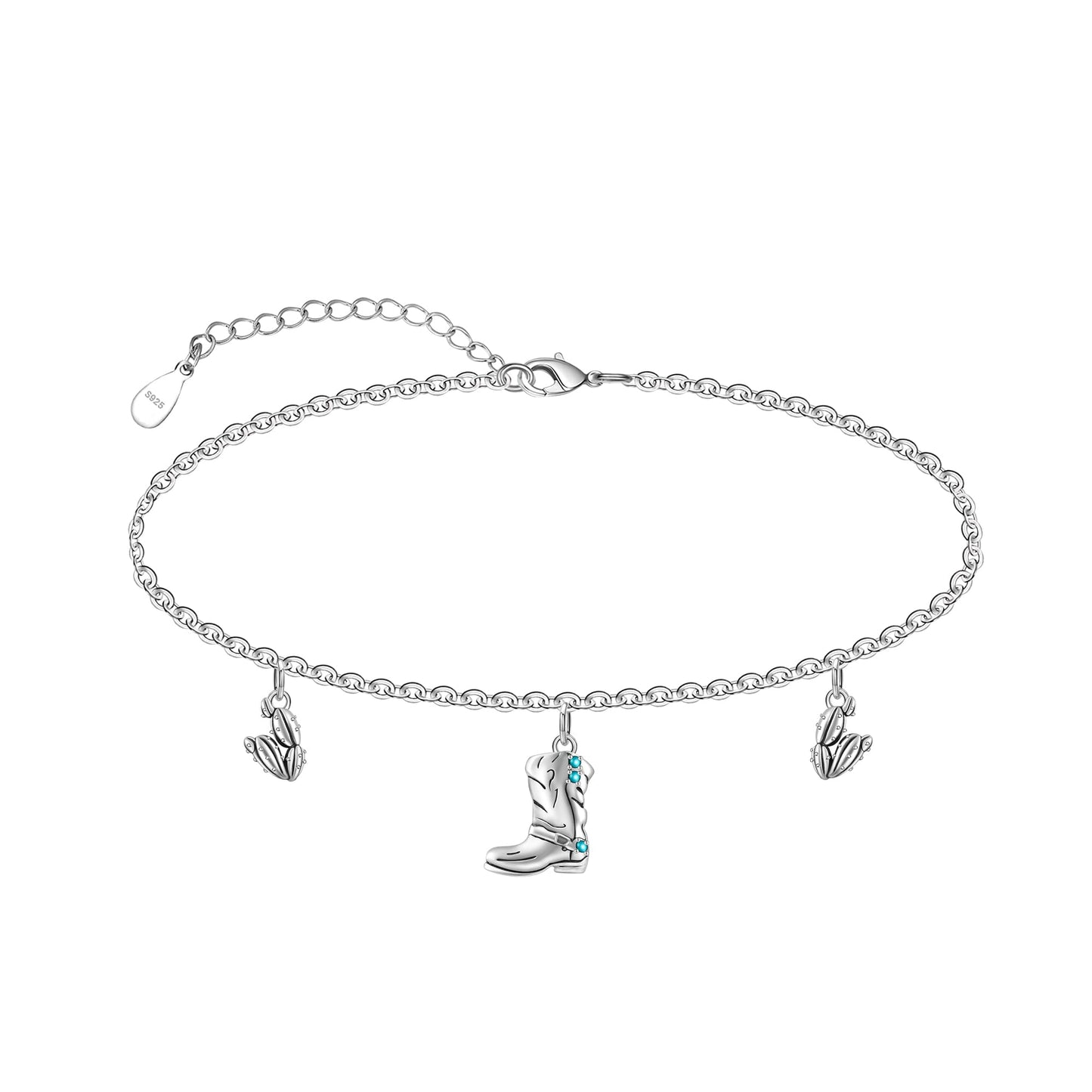 Western Cowboy Anklets 925 Sterling Silver Boots & Cactus Charm Anklet Bracelet