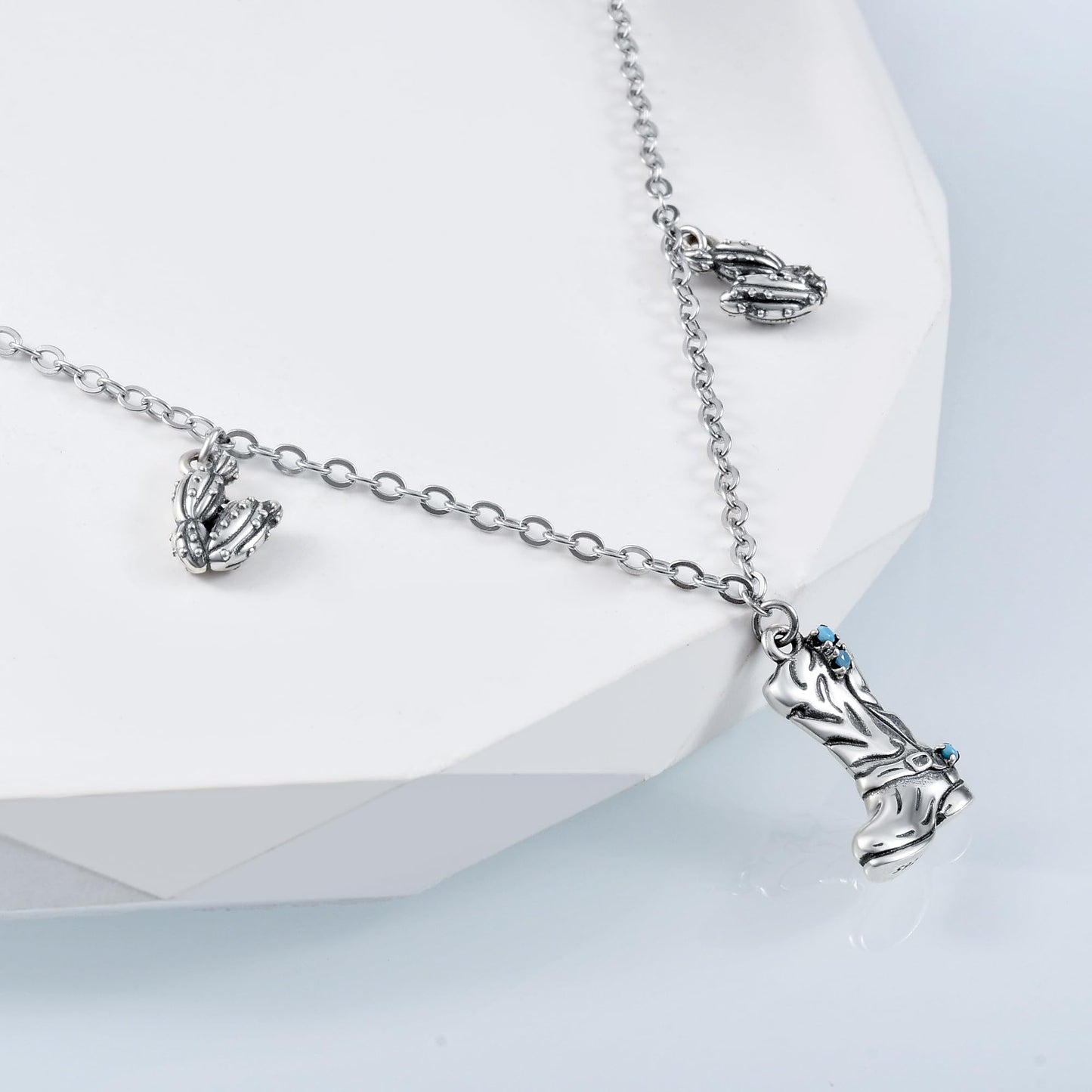 Western Cowboy Anklets 925 Sterling Silver Boots & Cactus Charm Anklet Bracelet