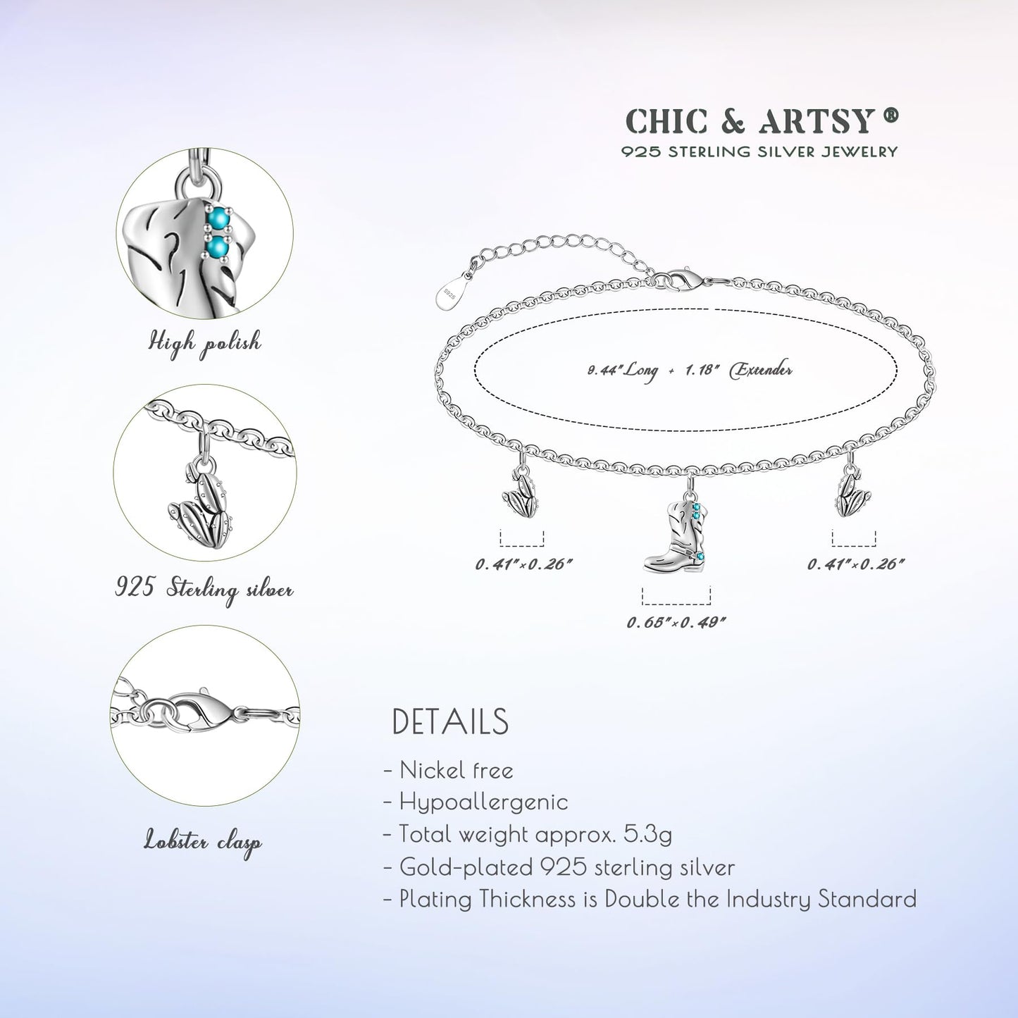 Western Cowboy Anklets 925 Sterling Silver Boots & Cactus Charm Anklet Bracelet