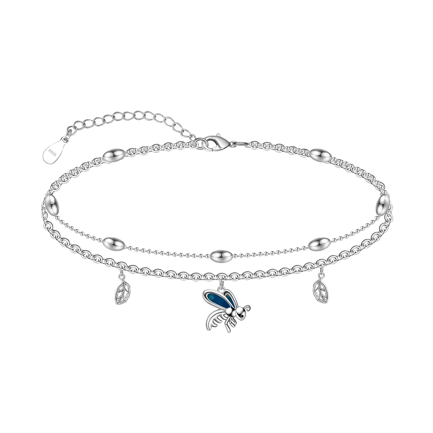 Bee Anklets 925 Sterling Silver Honeybee Double Layer Anklet Bracelet Adjustable Lightweight Foot Chain for Women