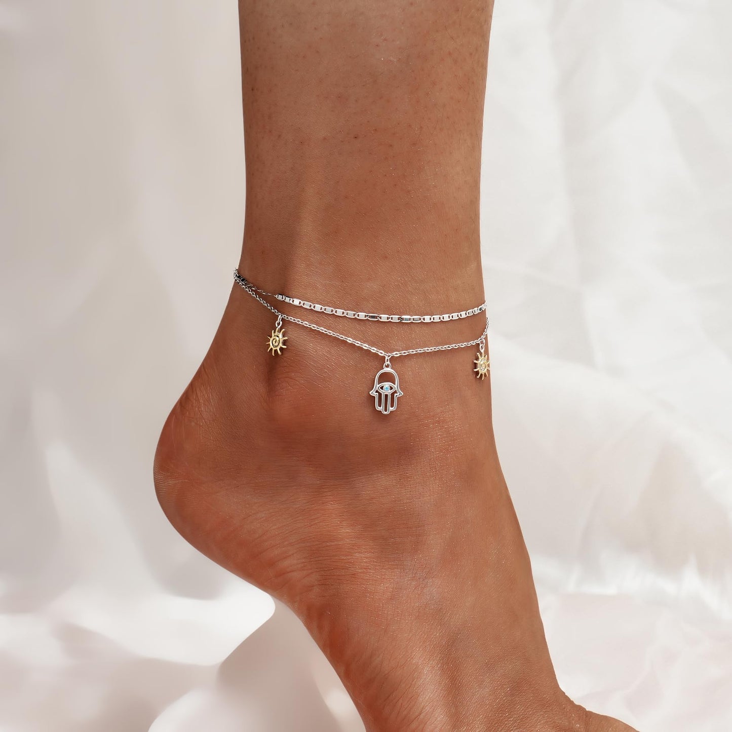 925 Sterling Silver Hamsa Hand of Fatima Evil Eye Anklet Bracelet Lightweight Comfortable Hamsa Hand Foot Chain for Women