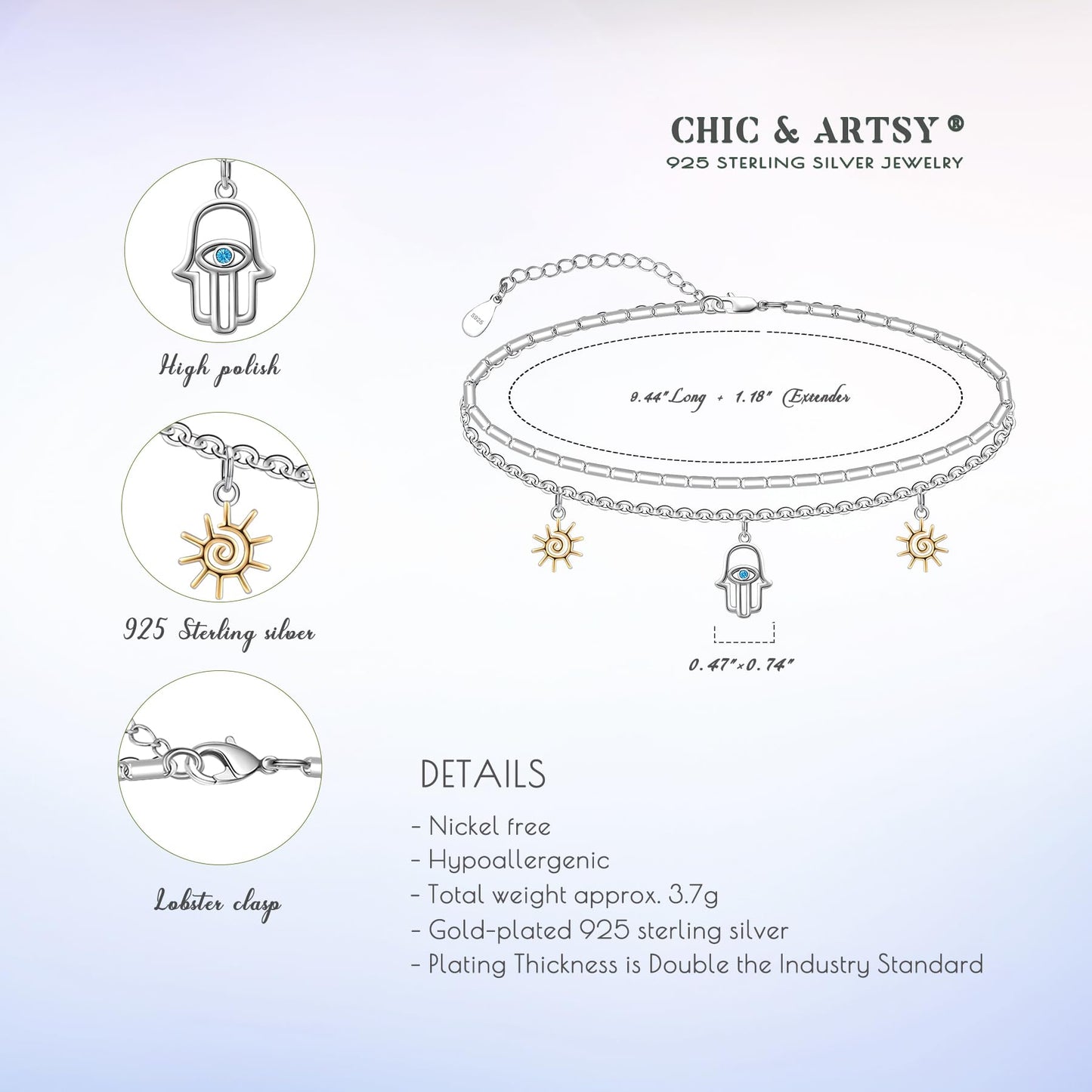 925 Sterling Silver Hamsa Hand of Fatima Evil Eye Anklet Bracelet Lightweight Comfortable Hamsa Hand Foot Chain for Women