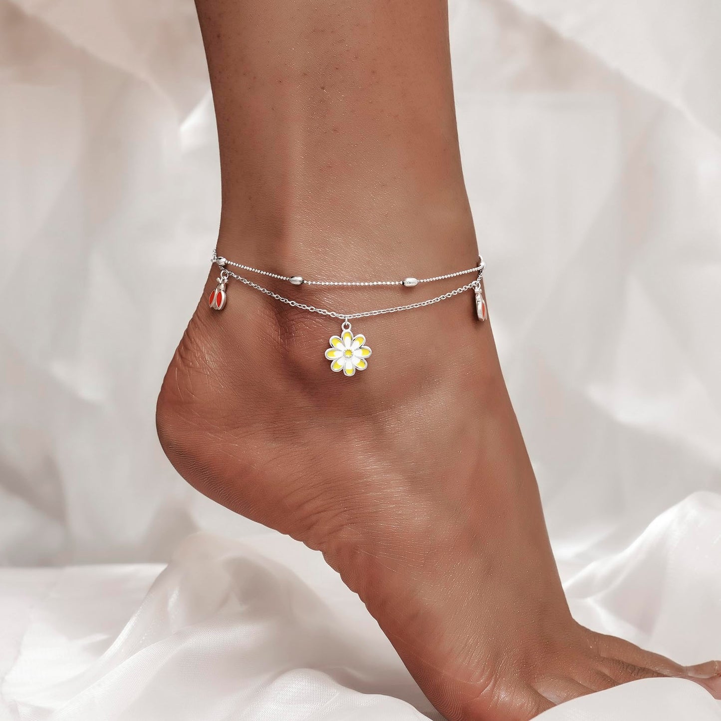 925 Sterling Silver Daisy Layered Anklet Bracelet Sexy Beach Ankle Bracelet for Women