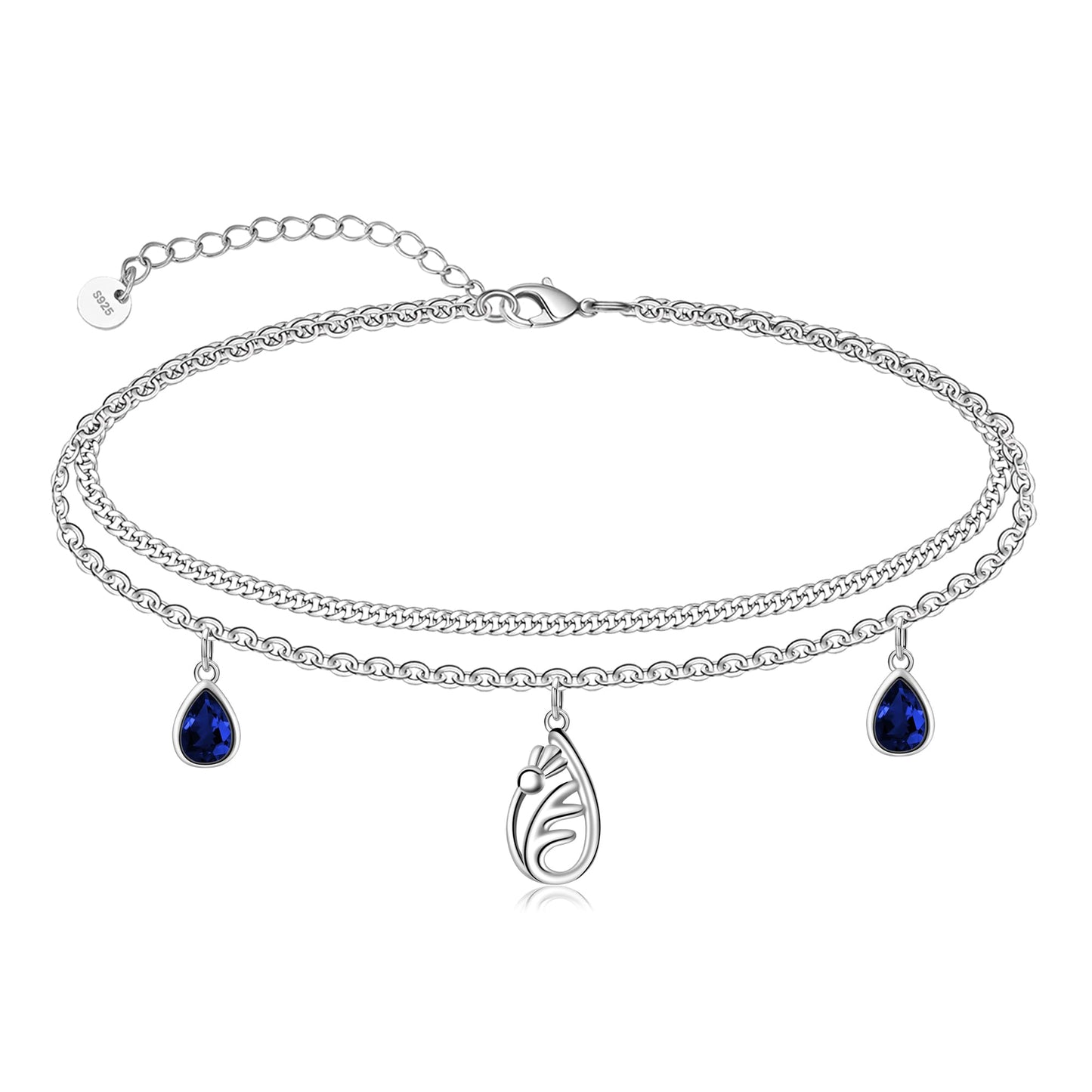 925 Sterling Silver Scottish Thistle Anklet with Teardrop Zirconia - Women's Adjustable Double Layer Flower Anklet