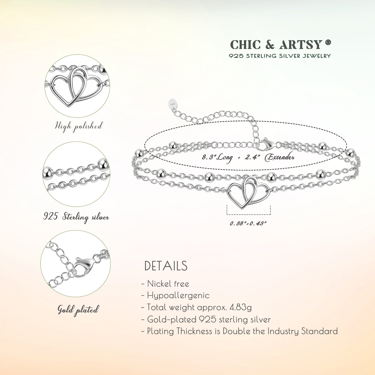 925 Sterling Silver Double Heart Layered Anklets Sandals Ankle Bracelets
