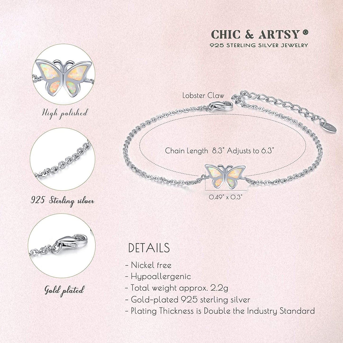 925 Sterling Silver Synthetic Opal Butterfly Bracelets