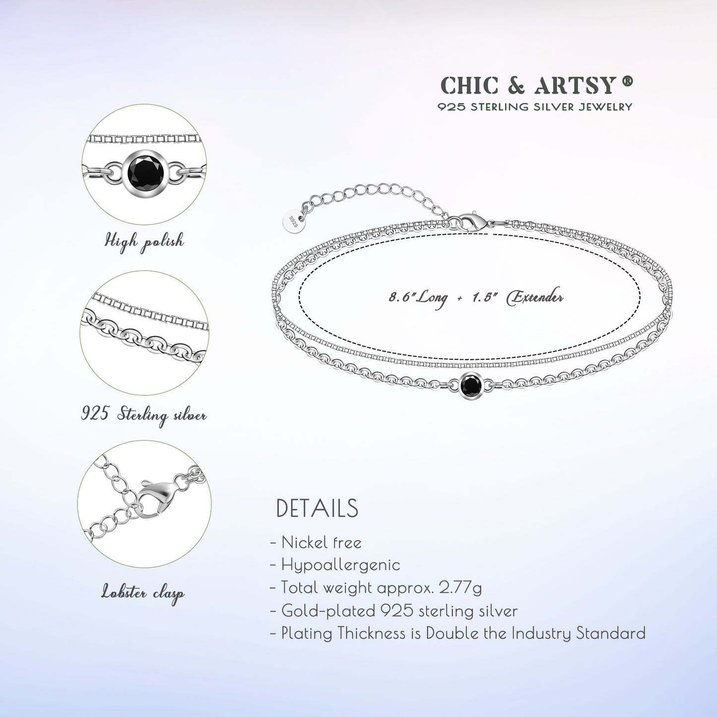 925 Sterling Silver Black CZ Ankle Bracelets