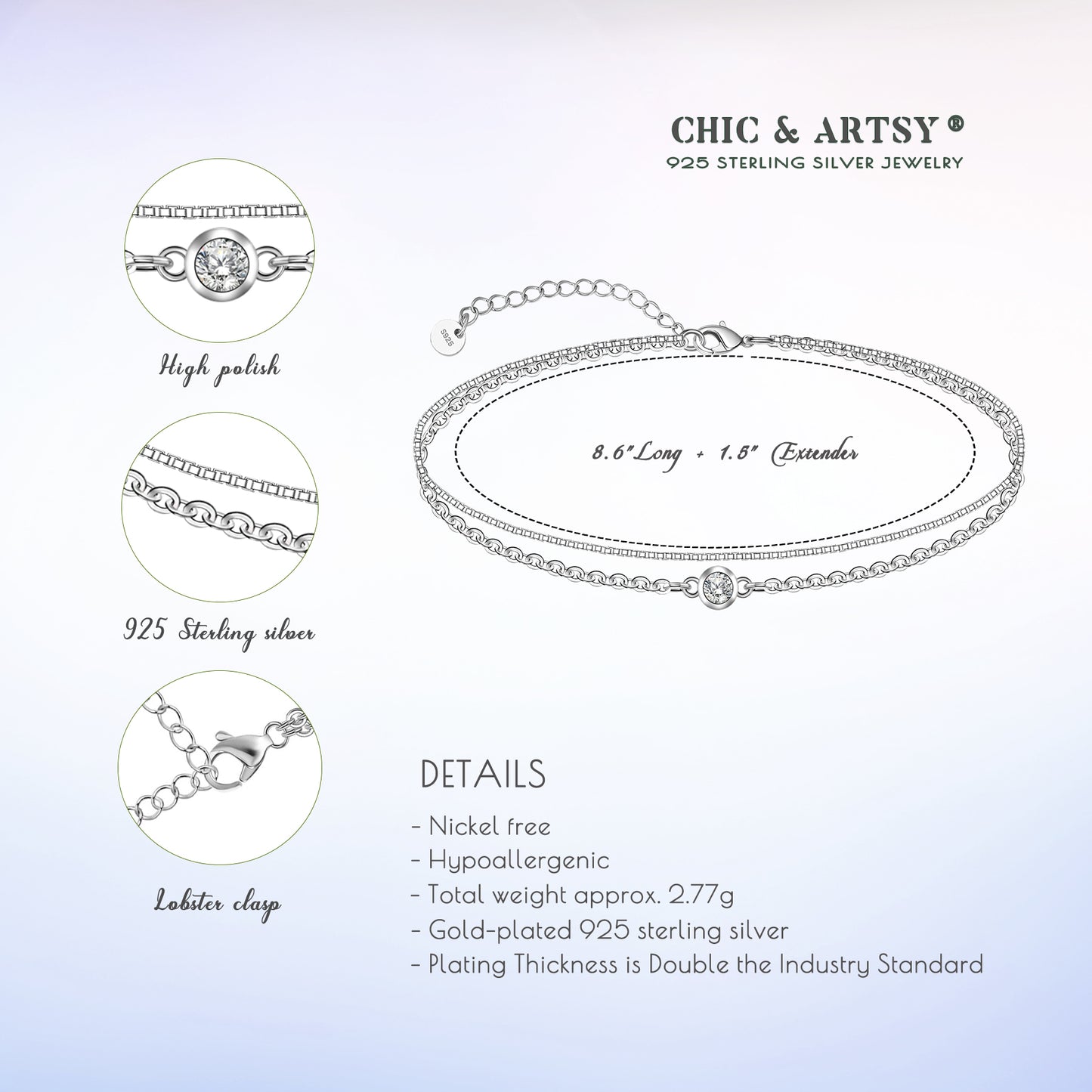 925 Sterling Silver White CZ Ankle Bracelets