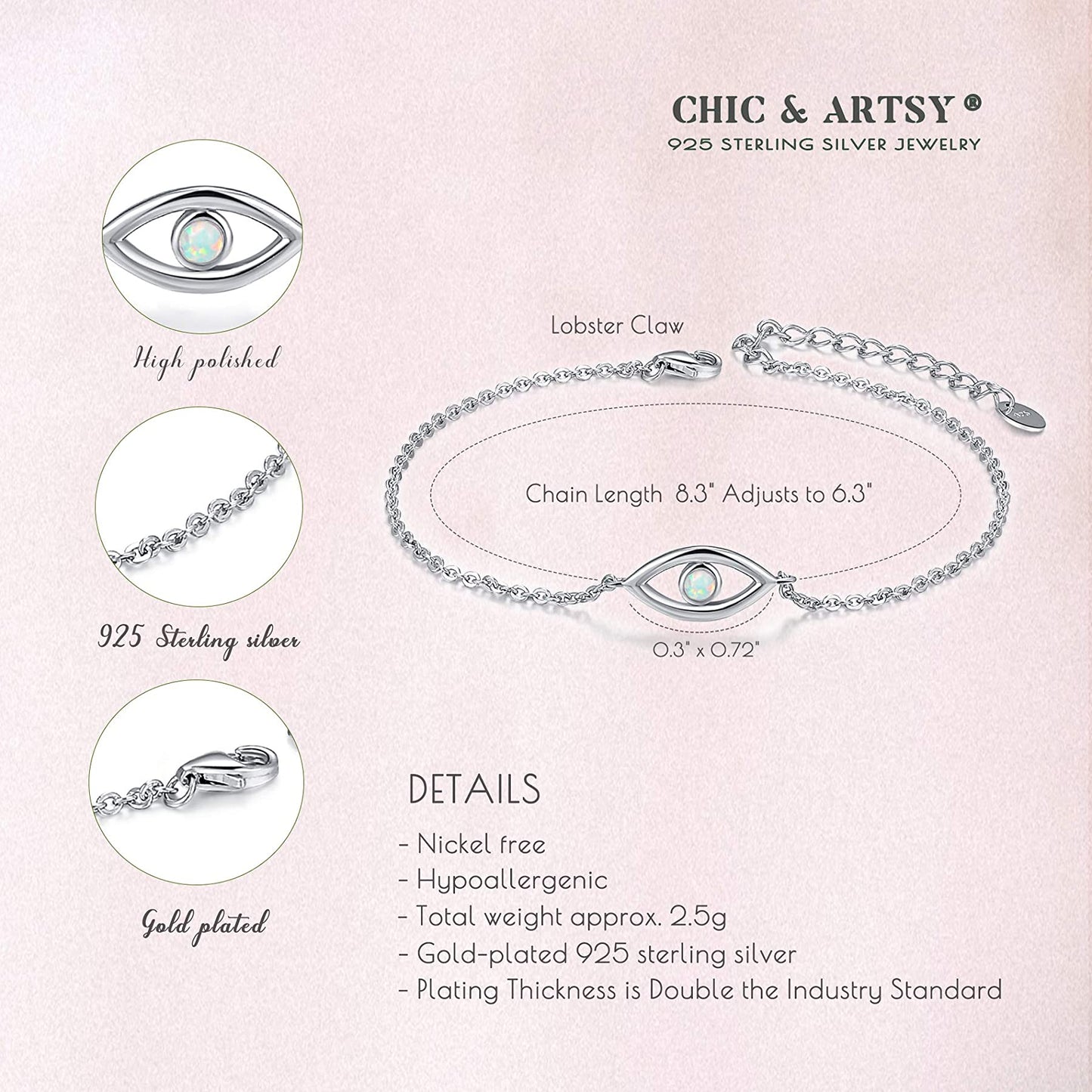 925 Sterling Silver Synthetic Opal Evil Eyes Bracelets