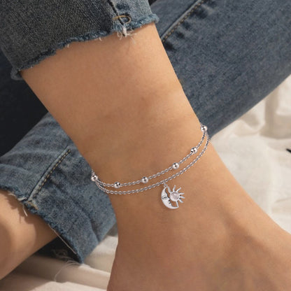 925 Sterling Silver Created Moonstone Moon and Sun Anklets