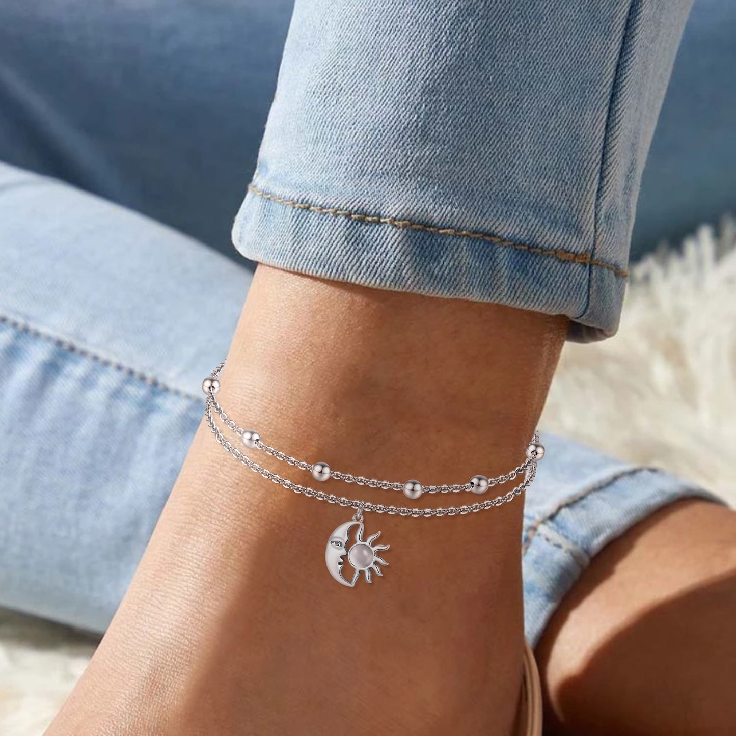 925 Sterling Silver Created Moonstone Moon and Sun Anklets