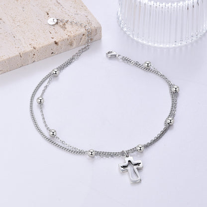 925 Sterling Silver Ankle Bracelet for Women Dainty Small Cross Layered Foot Chain Anklet Bracelet