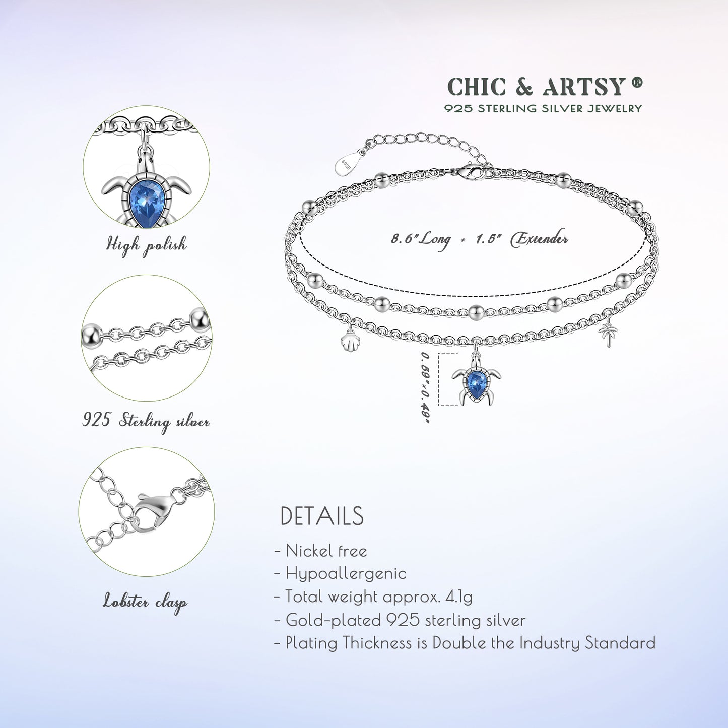 925 Sterling Silver Sea Turtle Anklet Blue Cz Turtle Anklet