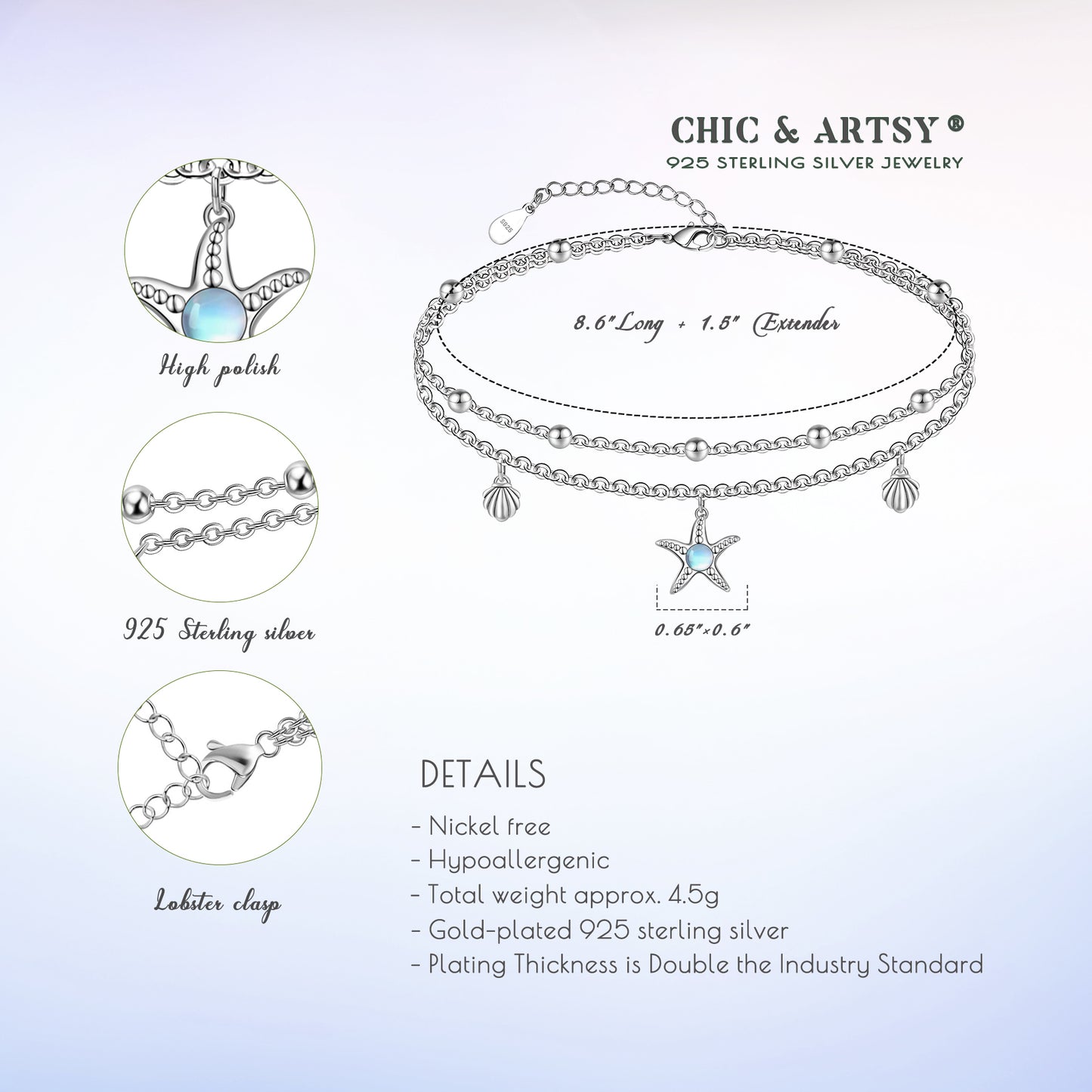 925 Sterling Silver Starfish Anklets Bracelet for Women