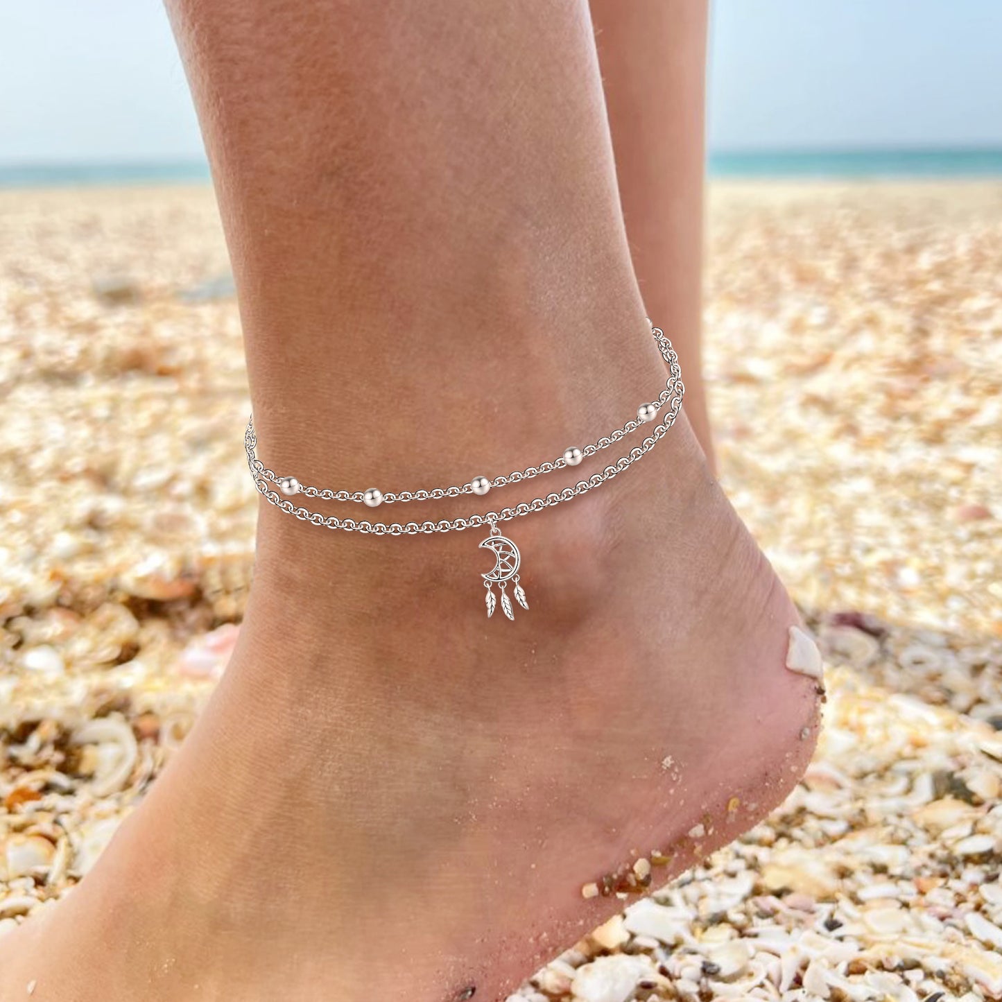 925 Sterling Silver Dream Catcher Ankle Dainty Layered Anklet Bracelet