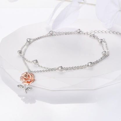 925 Sterling Silver Roses Ankle Dainty Layered Anklet Bracelet Boho Anklets