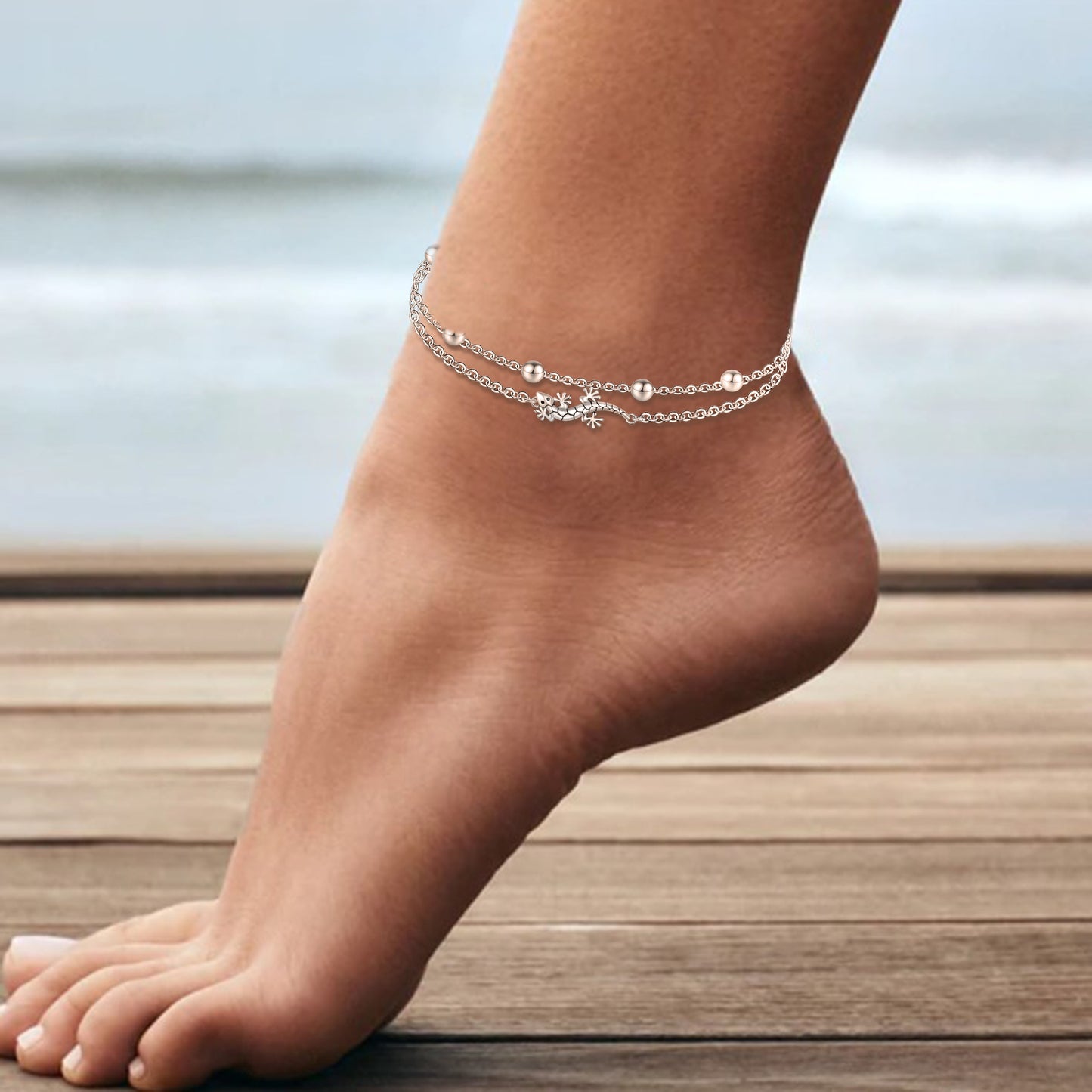 925 Sterling Silver Gecko Anklets Dainty Layered Anklet Bracelet Boho Anklets