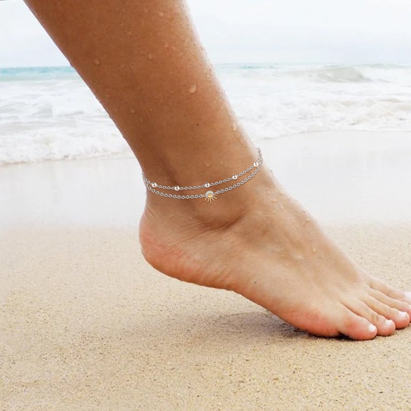 925 Sterling Silver Moonstone Moon and Sun Anklets