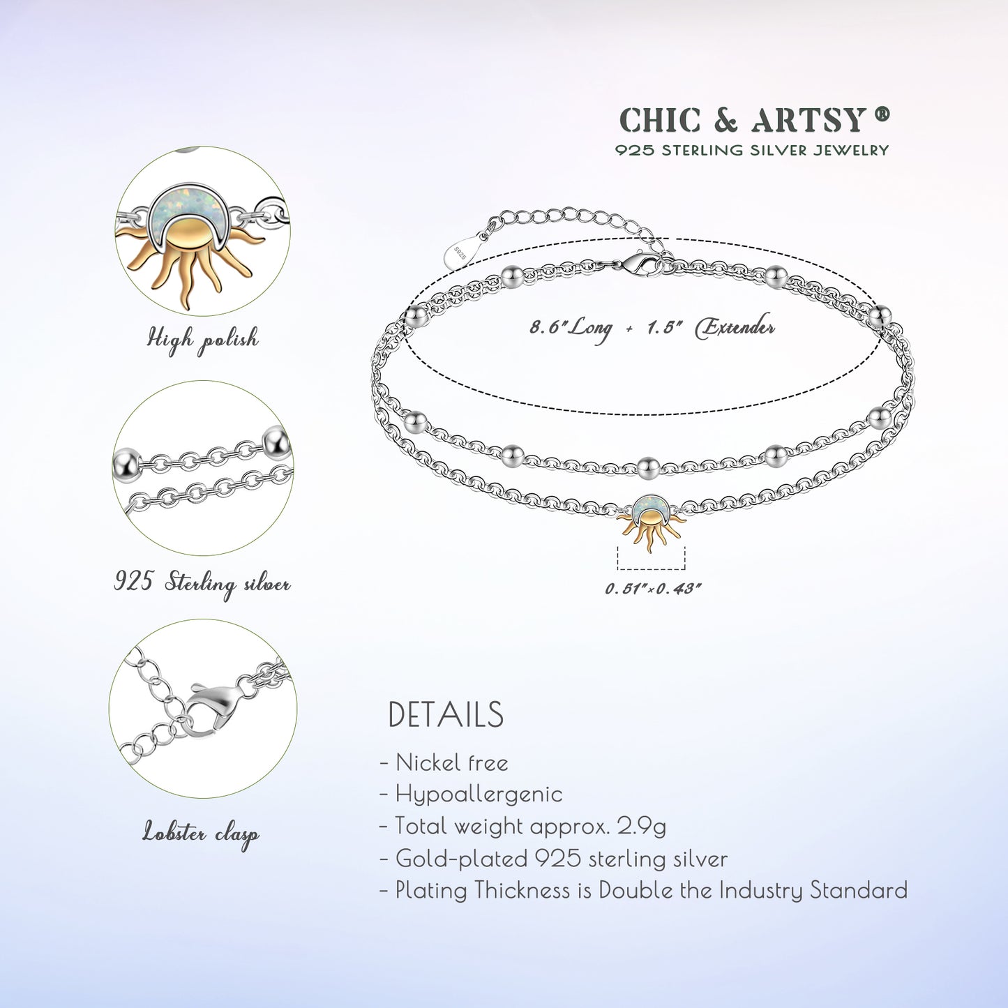 925 Sterling Silver Moonstone Moon and Sun Anklets