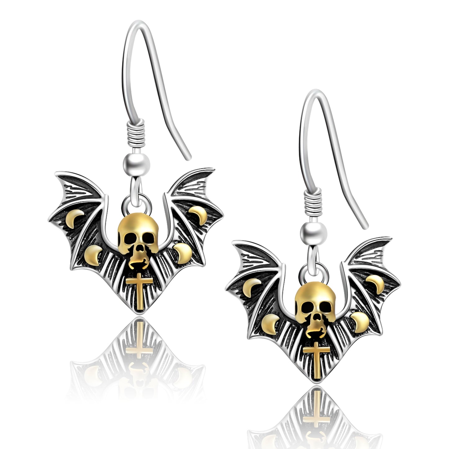 925 Sterling Silver Black Skull Skeleton Bat Dangle Earrings