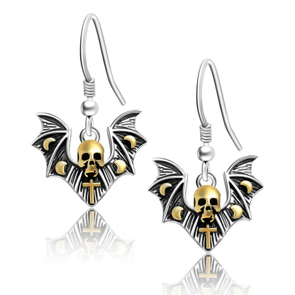 925 Sterling Silver Black Skull Skeleton Bat Dangle Earrings