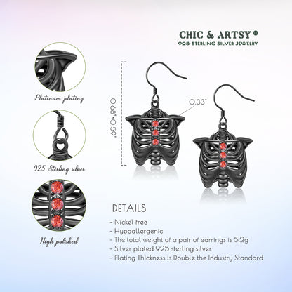 925 Sterling Silver Black Skull Skeleton Dangle Earrings