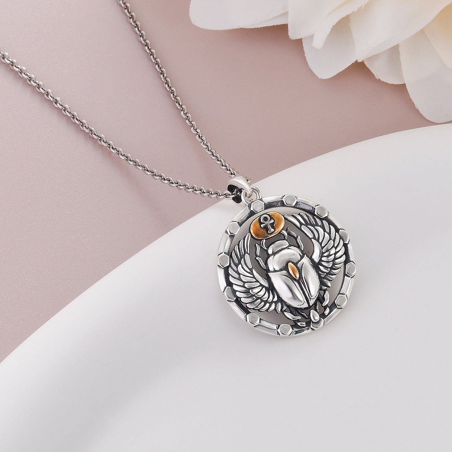 925 Sterling Silver Egyptian Scarab Beetle Charm Pendants Necklace