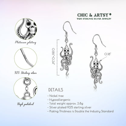 925 Sterling Silver Octopus Dangle Earrings