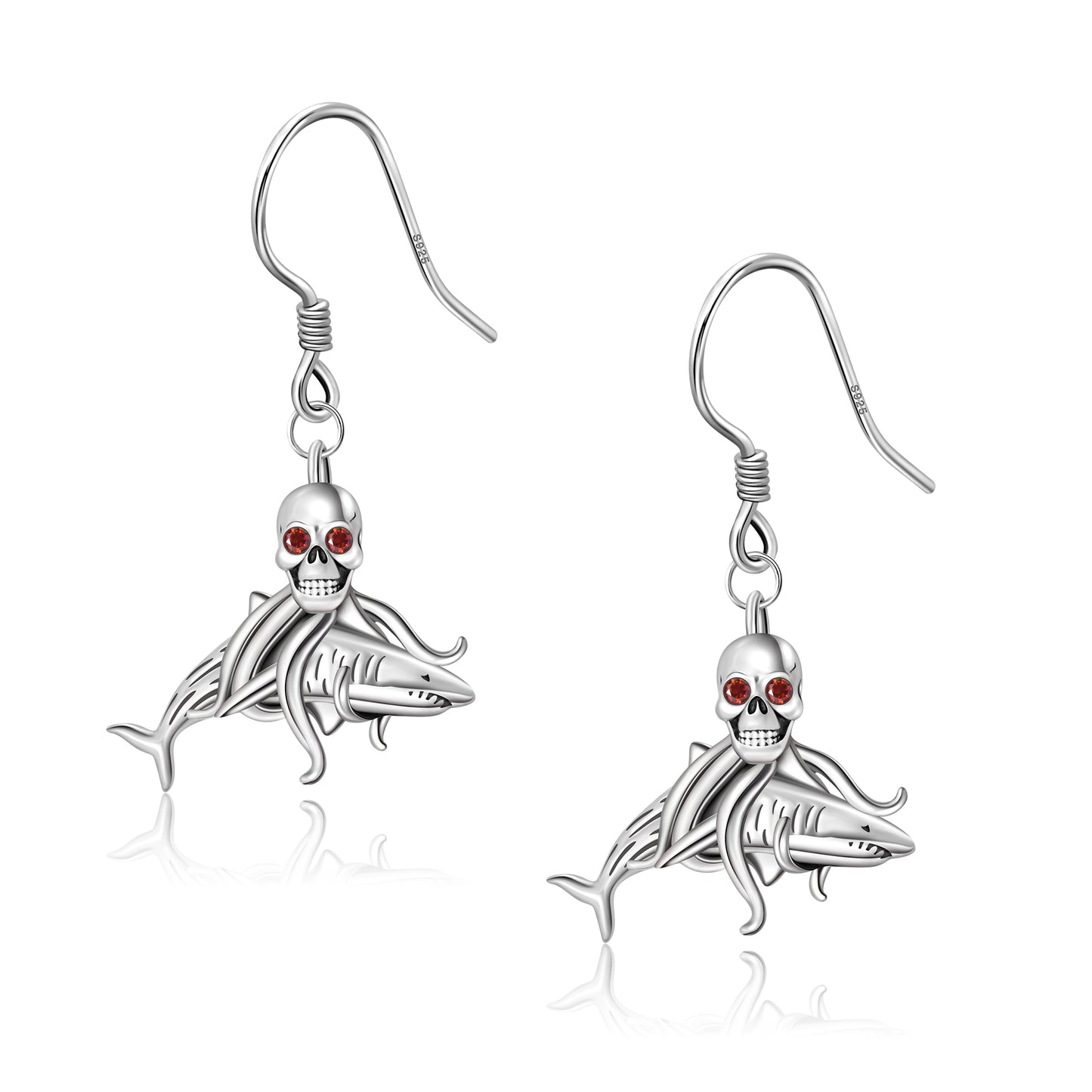 925 Sterling Silver Skull Shark Drop Earrings