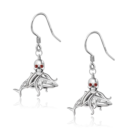 925 Sterling Silver Skull Shark Drop Earrings