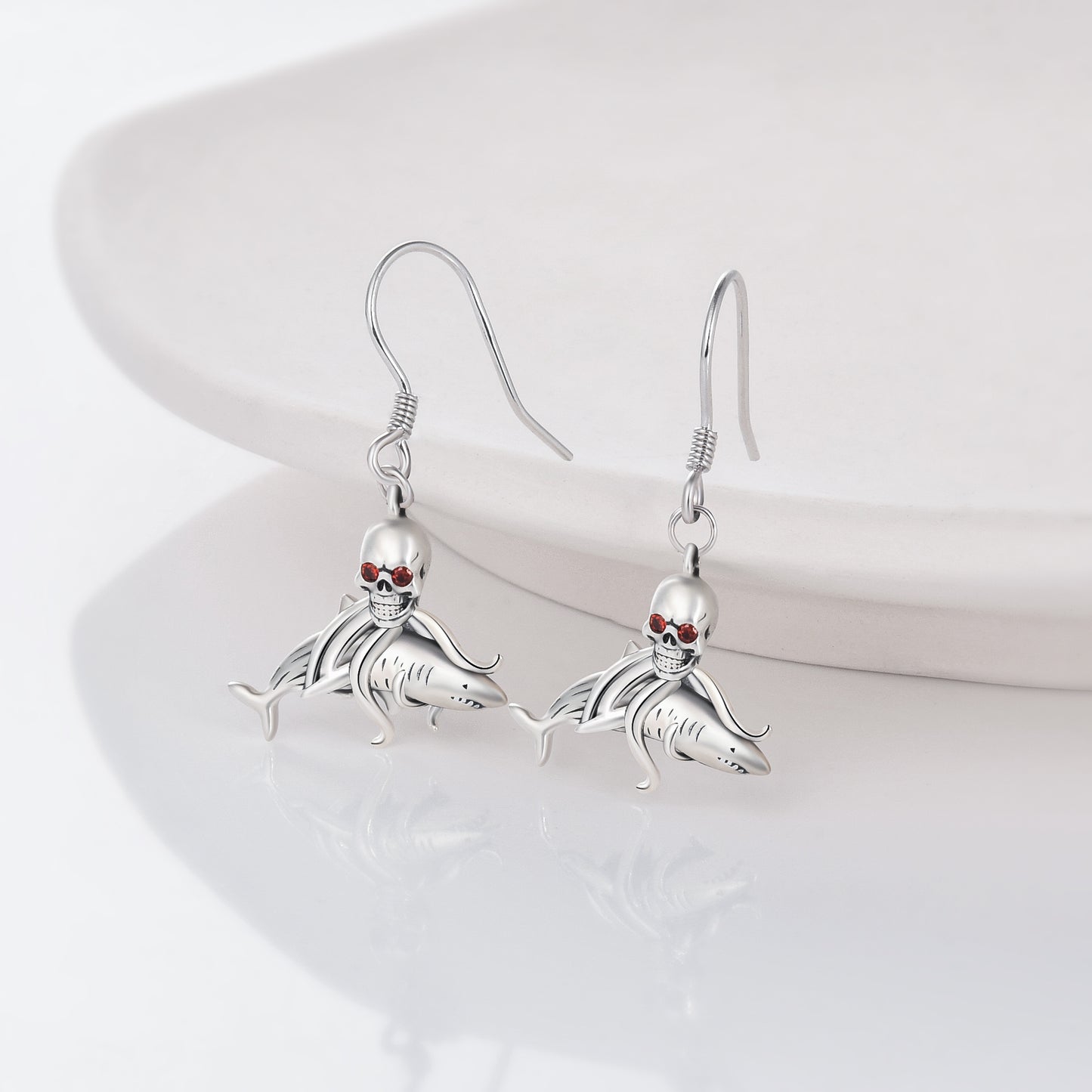 925 Sterling Silver Skull Shark Drop Earrings