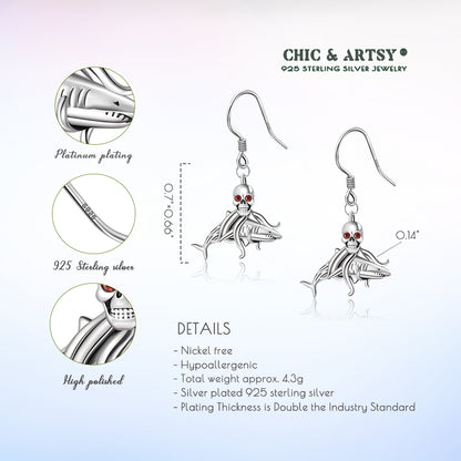 925 Sterling Silver Skull Shark Drop Earrings