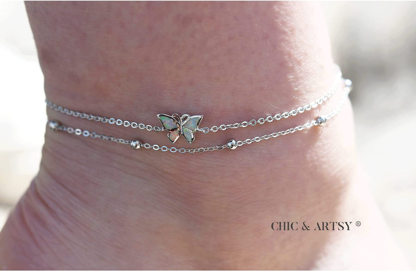 925 Sterling Silver Butterfly Layered Anklet Bracelets