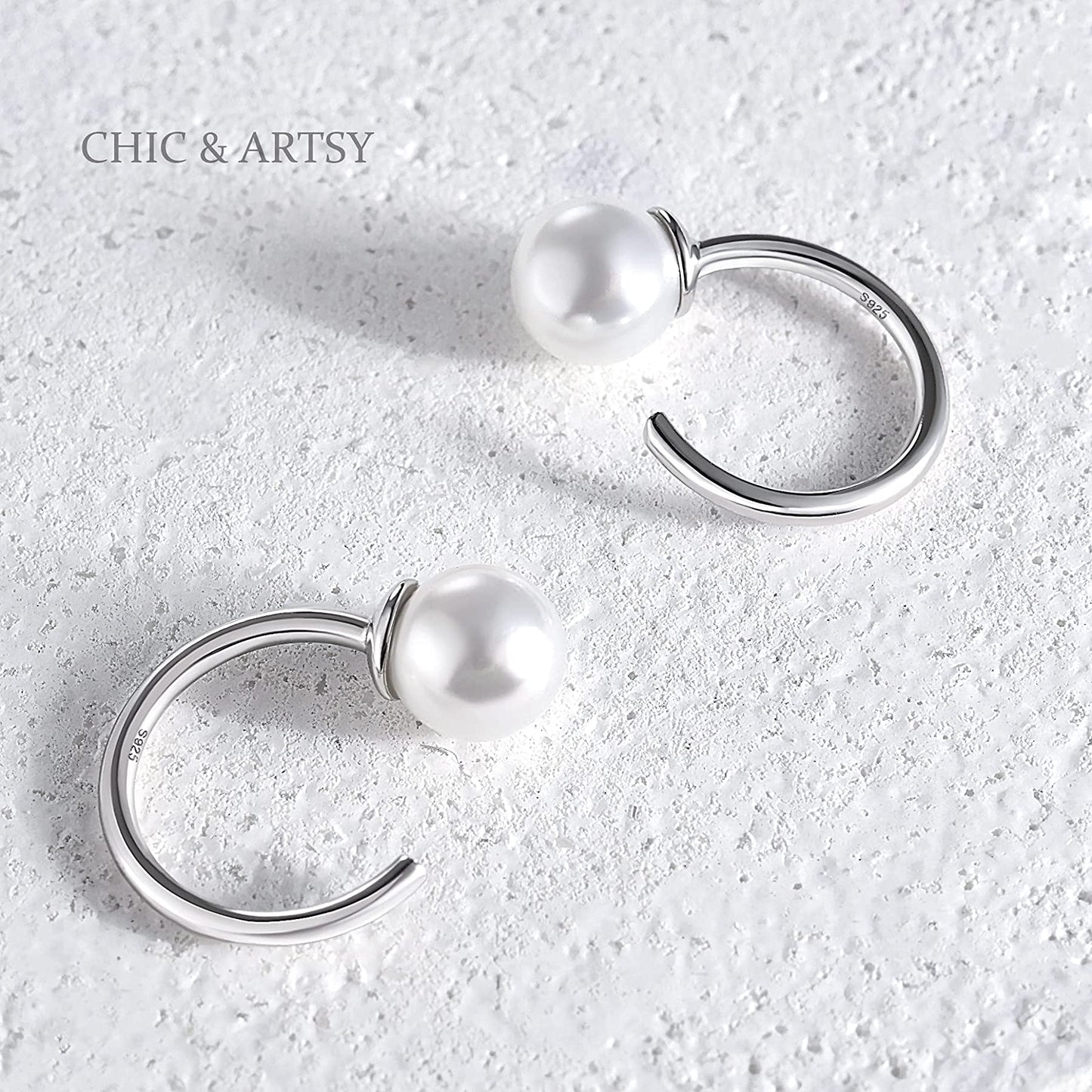 925 Sterling Silver Pearl Huggie Hoops Earrings