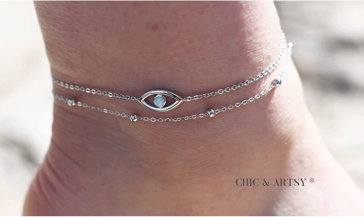 925 Sterling Silver Created Opal Evil Eyes Layered Anklet