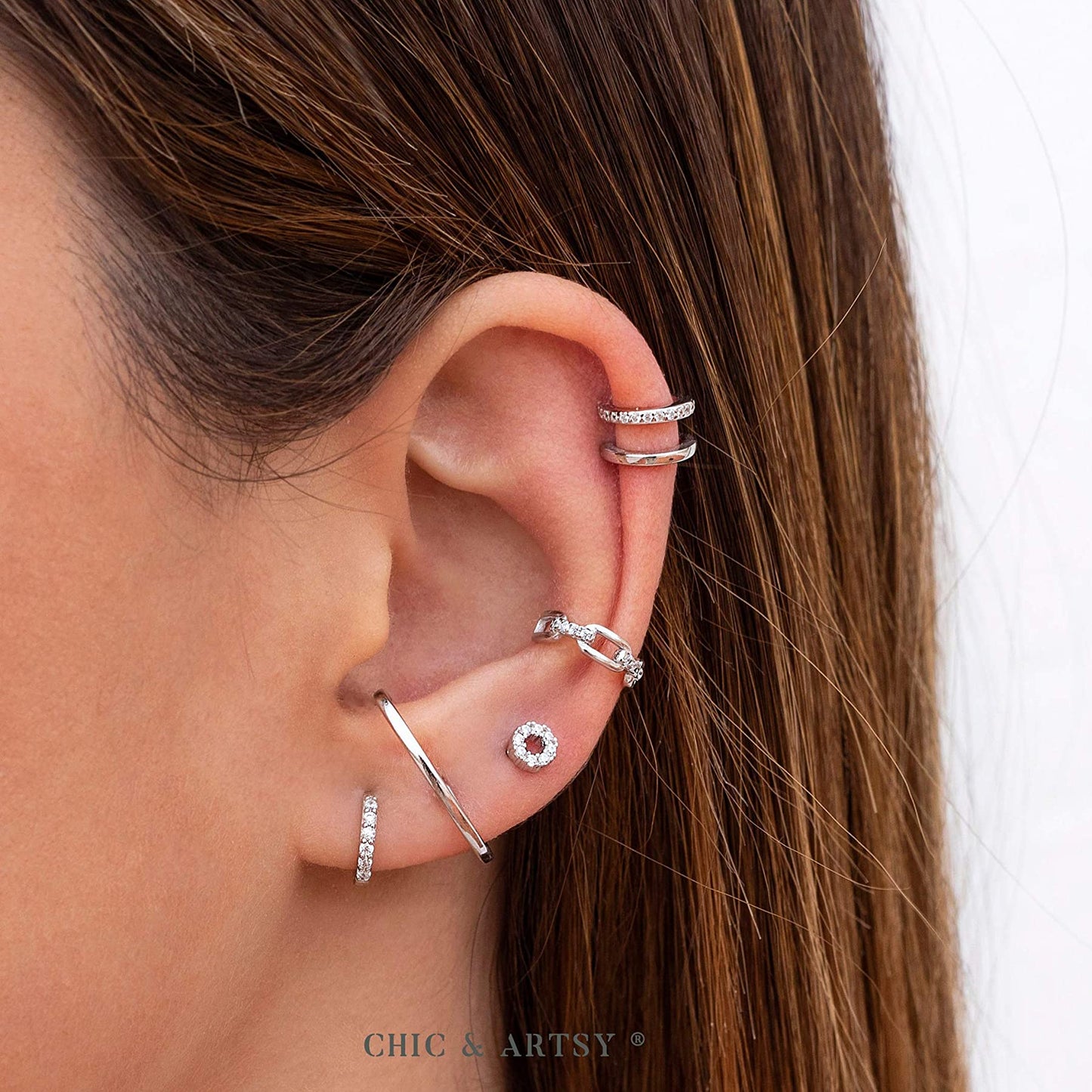 925 Sterling Silver CZ Ear Cuff Earrings Set