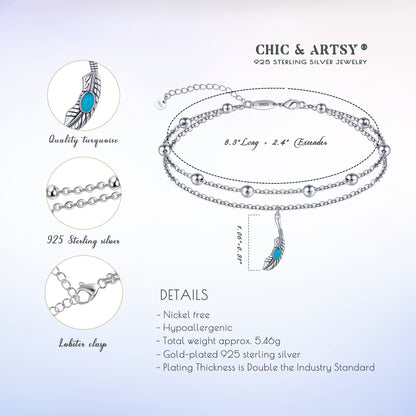 925 Sterling Silver Created Turquoise Feather Anklet Bracelet