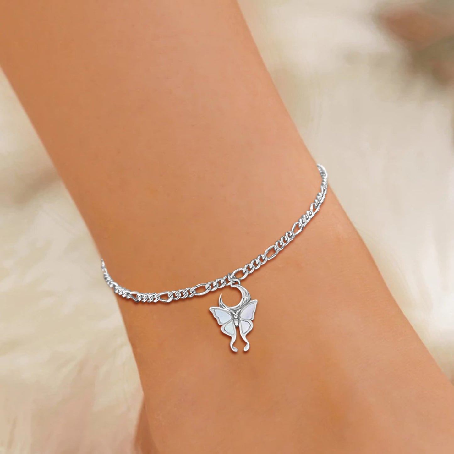 925 Sterling Silver Created Opal Butterfly Anklet Bracelet