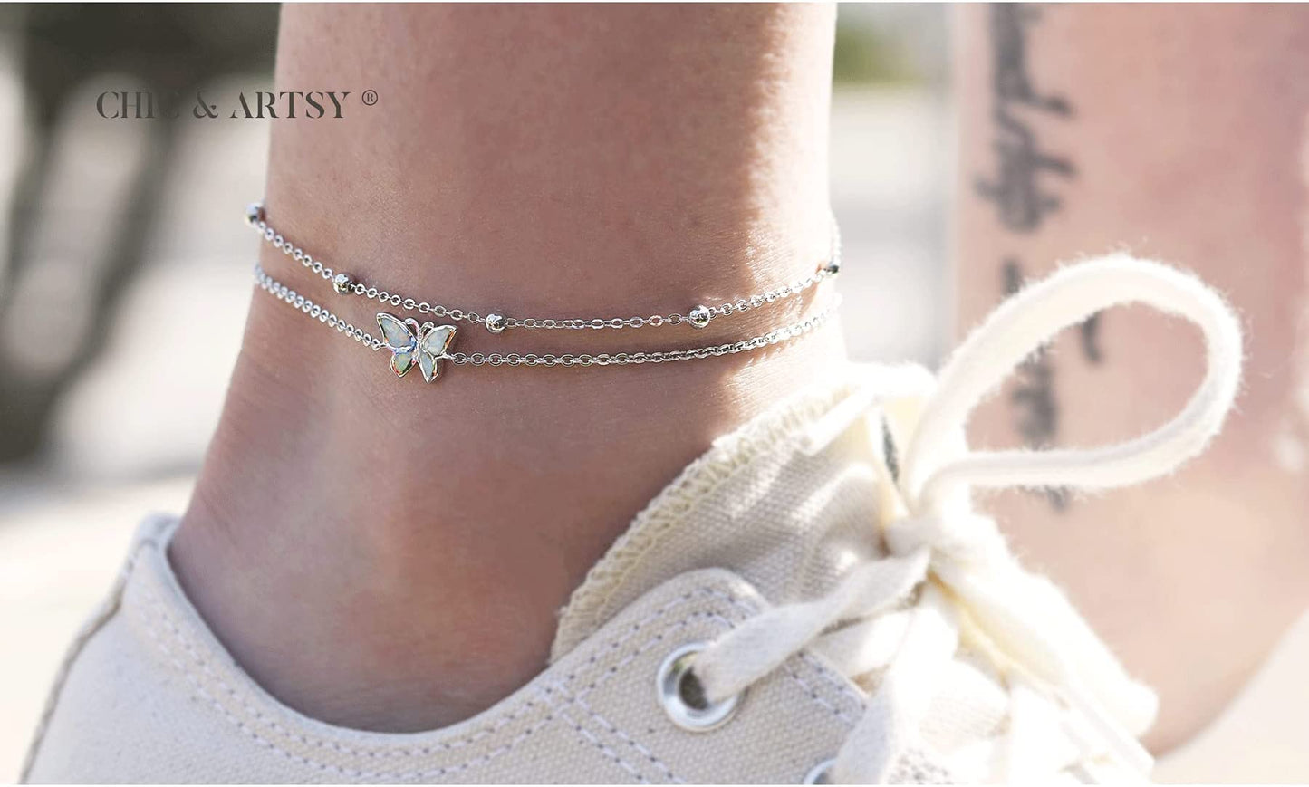 925 Sterling Silver Butterfly Layered Anklet Bracelets