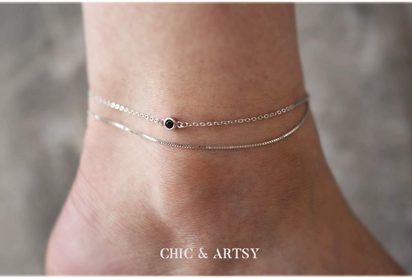 925 Sterling Silver Black CZ Ankle Bracelet