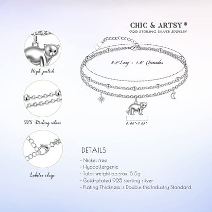 925 Sterling Silver Bear Cute Bear Anklets for Women Adjustable Foot Jewelry