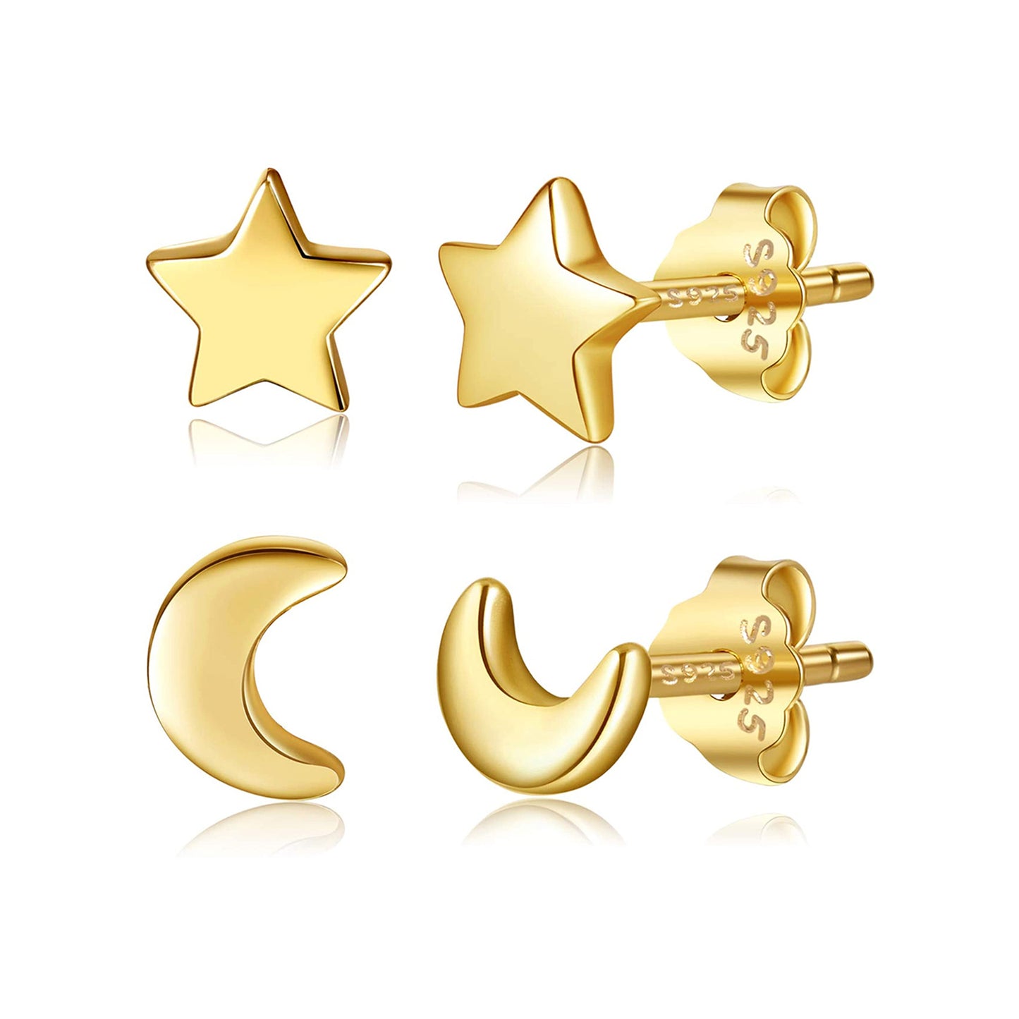 925 Sterling Silver Moon and Star Stud Earrings Set