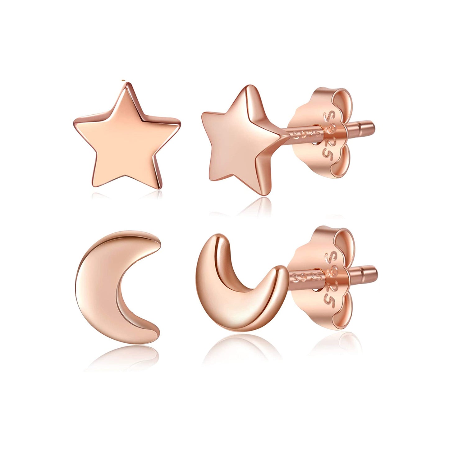 925 Sterling Silver Moon and Star Stud Earrings Set